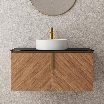 LKTART 36 Inch Bathroom Vanity with Sink, Modern Wall Mounted Bathroom Sink with 2 Doors, Black Sintered Stone Countertop and White Round Ceramic Basin