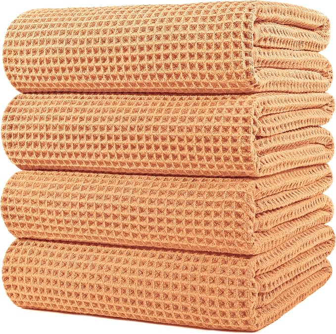 POLYTE 430 GSM Poly Blend Microfiber Quick Dry Waffle Bath Towel, 30x60 in | 4 Pack, Oversize, Lint Free, Body Towel