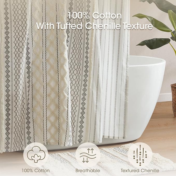 INK+IVY Tufted Chenille Cotton Shower Curtain for Bathroom, Ivory, 72 x 84 | Machine Washable, Boho Tufted Chenille Modern Home Bathroom Decor, Bathtub Privacy Screen, OEKO-TEX Certified