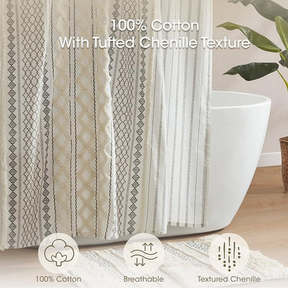 INK+IVY Tufted Chenille Cotton Shower Curtain for Bathroom, Ivory, 72 x 84 | Machine Washable, Boho Tufted Chenille Modern Home Bathroom Decor, Bathtub Privacy Screen, OEKO-TEX Certified