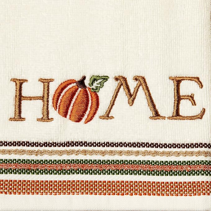 SKL Home Fall/Thanksgiving Give Thanks/Home Hand Towel Set-2pc, Natural | 100% Cotton. Soft, decorative velour with embroidery. For use in the bathroom, kitchen or bar & gifting.