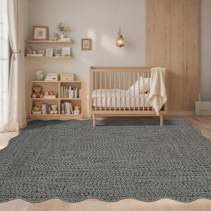 Imitation Braided Collection-Print Living Room Rug 5x7 Washable Rug for Bedroom Scalloped Non Slip Small Soft Throw Rugs Low Pile Stain Resistant Carpet for Entryway Office Nursery Dining Room