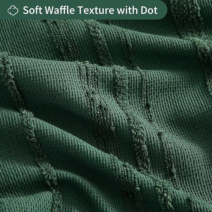 Extra Long Dark Green Shower Curtain Boho, 72 x 78 Cotton Blend Waffle Weave Stripe Textured Heavy Duty, Fabric Shower Curtain for Bathroom