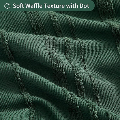 Dark Green Shower Curtain Boho, Cotton Blend Waffle Shower Curtain Textured, Fabric Shower Curtains for Bathroom, Hotel, 72 x 72