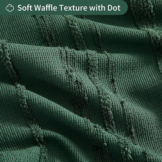 Extra Long Dark Green Shower Curtain Boho, 72 x 84 Cotton Blend Waffle Weave Stripe Textured Heavy Duty, Fabric Shower Curtain for Bathroom