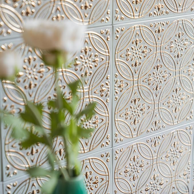 Peel and Stick Metal Tiles, Pastel Painted Gold, 10-Pack | 8 x 8 in tile size; Covers up to 4.44 sq ft; Aluminum; Water-resistant surface; For kitchens, ceilings, DIY projects