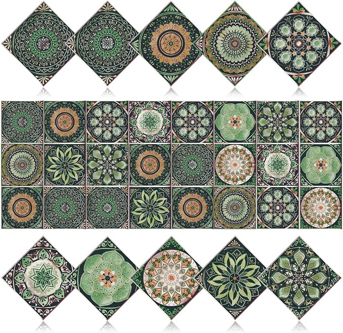 24 PCS Bohemian Floral PVC Peel and Stick Tile Stickers | for Kitchen Bathroom RV, Waterproof Self-Adhesive Removable Backsplash Decals, Easy DIY Upgrade, Smooth Surfaces, 7.87x7.87in