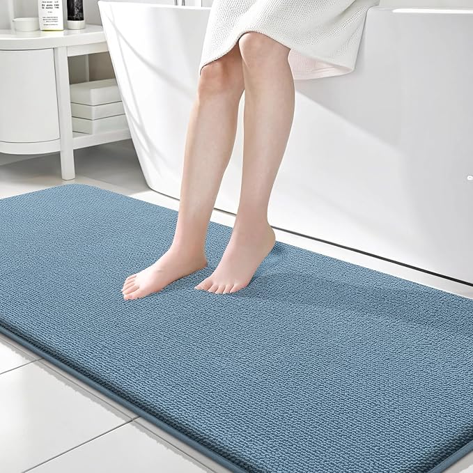 OLANLY Memory Foam Bathroom Runner Rug 70x24, Absorbent Long Mat, Airy Blue | Soft Quick Dry Bath Rugs, Non-Slip Carpet, Machine Washable Mat for Bathroom Floor, Tub and Shower, Home Decor Accessories