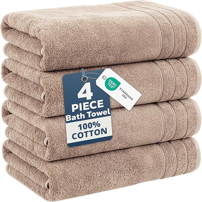 Casa Platino 100% Cotton Bath Towels Set of 4 (30"x60") - Ringspun Cotton Bathroom Towel Sets - Quick Dry, Very Soft & Absorbent Large Shower Towels for Bathroom - Sustainabaly Produced - Tawny Brown