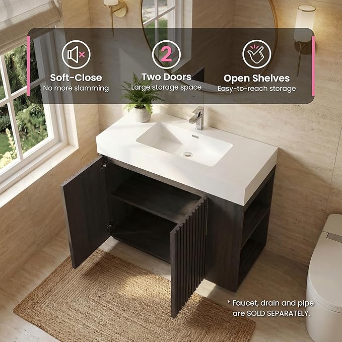 36" Bathroom Vanity with Sink Combo, Mid Century Modern Bathroom Cabinet with Doors & Open Shelf, Glossy White Integrated Sink with Overflow, Dark Grey Oak