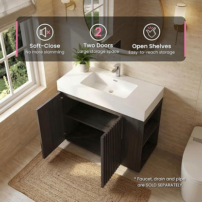 36" Bathroom Vanity with Sink Combo, Mid Century Modern Bathroom Cabinet with Doors & Open Shelf, Glossy White Integrated Sink with Overflow, Dark Grey Oak