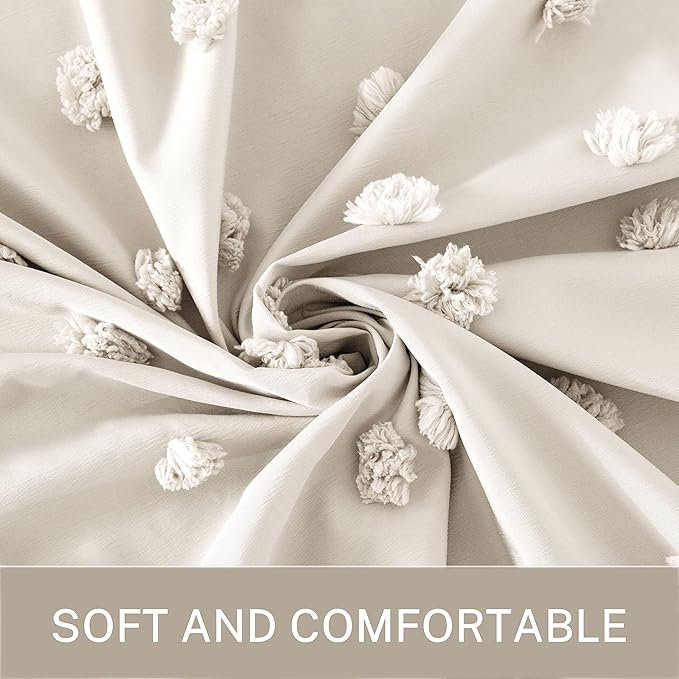 Extra Long Beige Boho Shower Curtain Woven Fabric Cute Shower Curtain, 72 x 96 Tufted Pleat Floral Puffs Textured Modern Farmhouse Minimalist Shower Curtain Set with Hooks for Bathroom