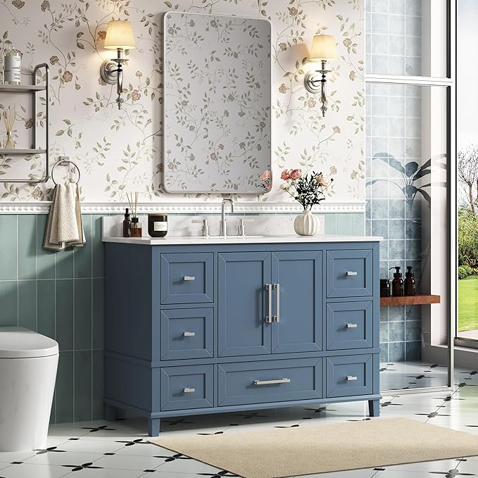 48 Inch Bathroom Vanity with Sink, Fully Assembled Bathroom Vanities with Soft Closing Doors & Dovetail Drawers, 48 Inch Vanity with Sink, Solid Wood, Engineered Stone Top, Steel Blue