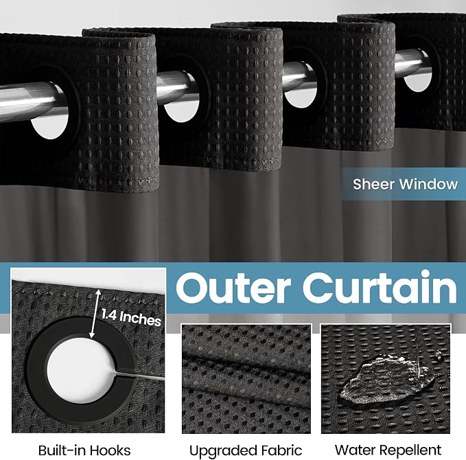 EUTXL Heavyweight No Hook Shower Curtain with Liner, Black, 54x80 | Snap in Liner, Thick Waffle Fabric, Hotel Quality, Corner Magnets, Waterproof & Washable