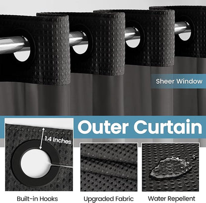 EUTXL Heavyweight No Hook Shower Curtain with Liner, Black, 54x80 | Snap in Liner, Thick Waffle Fabric, Hotel Quality, Corner Magnets, Waterproof & Washable