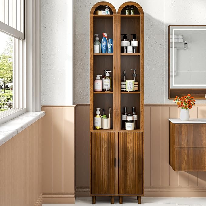 Narrow Bathroom Storage Cabinet, Tall Arched Small Wood Cabinet, Slim | Skinny Mid Century Modern Towel Cabinet, Fluted Doors, 4 Tier Shelves, Wooden Display Cabinet for Living Dining Room, Walnut