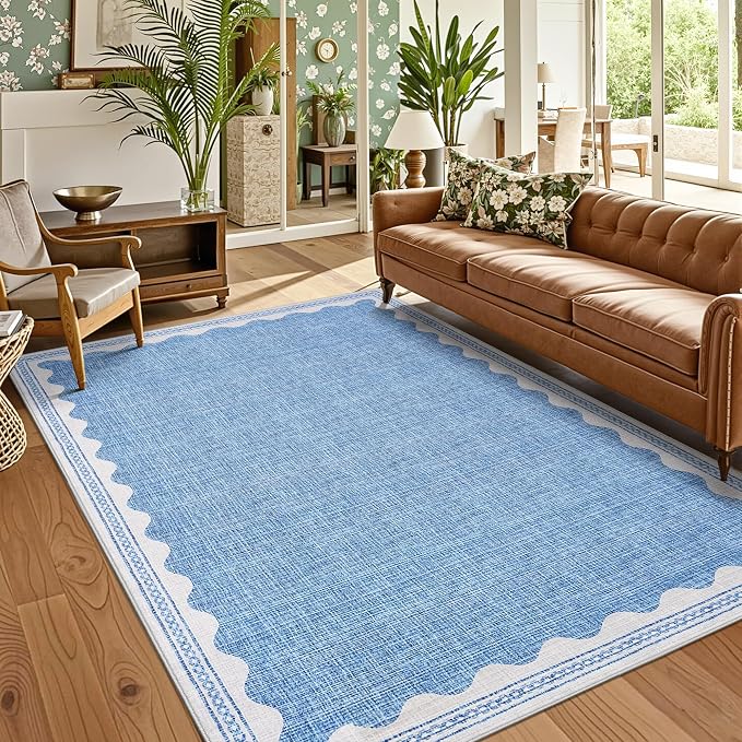 Garvee Modern Bordered Rugs for Living Room 8x10 Large Washable Rug Blue | Non Slip Low Pile Soft Carpet Foldable Non Shedding Stain Resistant Floor Cover for Bedroom Playroom Nursery Office Dorm