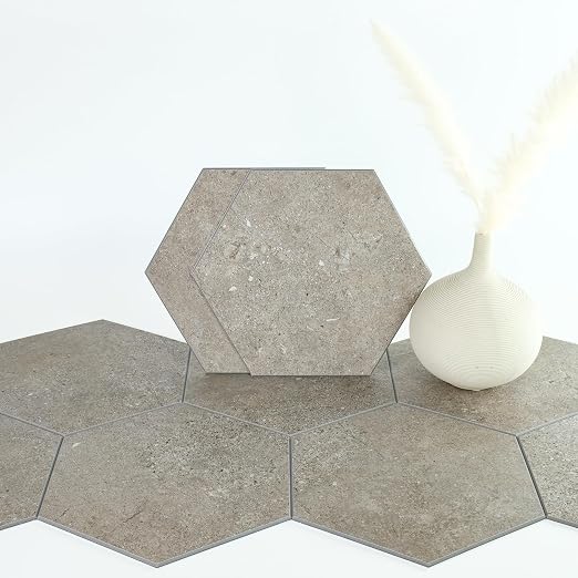 W&S 24-Sheets Brown Grey Hexagon Peel and Stick Floor Tile, Faux Stone Stick on Backsplash for Kitchen, Self Adhesive Waterproof Flooring Tiles for Dining Room, Bedrooms