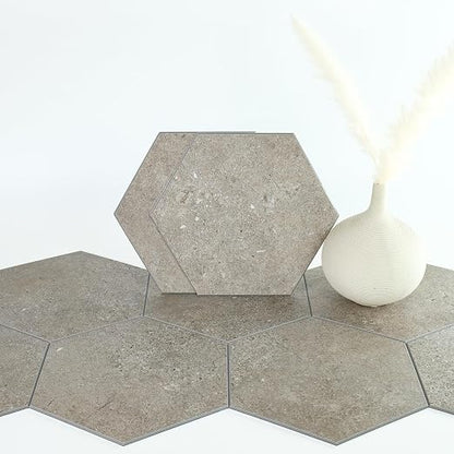 W&S 24-Sheets Brown Grey Hexagon Peel and Stick Floor Tile, Faux Stone Stick on Backsplash for Kitchen, Self Adhesive Waterproof Flooring Tiles for Dining Room, Bedrooms