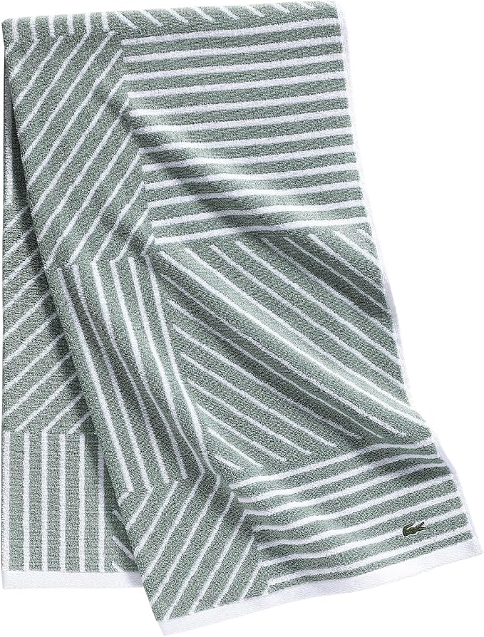 Lacoste Guethary Striped Towel – 100% Cotton, Reversible Modern Geometric Design, Soft & Absorbent, Durable & Lightweight, Machine Washable – Aloe, 30"x54" Bath Towel