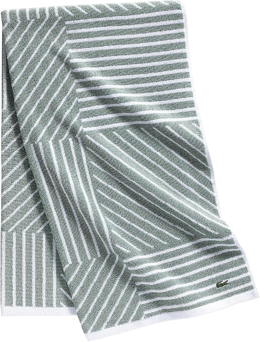 Lacoste Guethary Striped Towel – 100% Cotton, Reversible Modern Geometric Design, Soft & Absorbent, Durable & Lightweight, Machine Washable – Aloe, 30"x54" Bath Towel