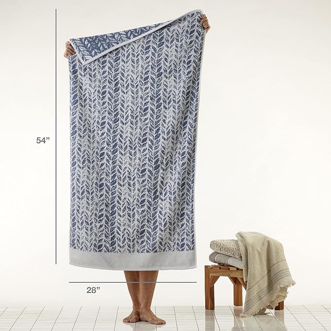 SKL Home Distressed Leaves Bath Towel, 100% Turkish Cotton, Denim Blue | 600 GSM weight. Spa-level quality. Soft, & absorbent, reversible jacquard.