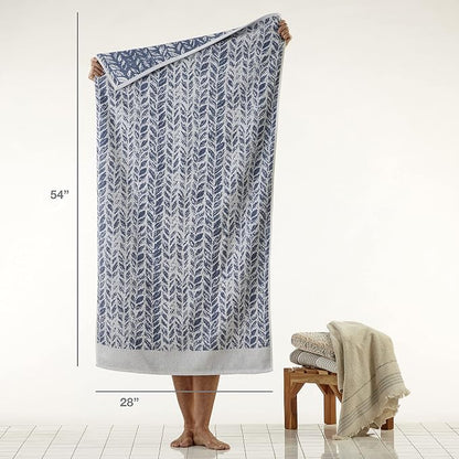 SKL Home Distressed Leaves Bath Towel, 100% Turkish Cotton, Denim Blue | 600 GSM weight. Spa-level quality. Soft, & absorbent, reversible jacquard.