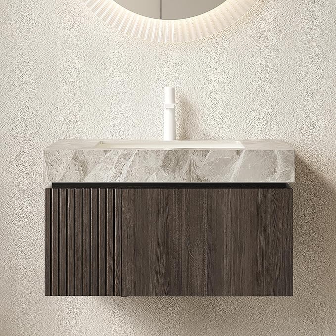 30” Floating Bathroom Vanity with Sink, Wall-Mounted Cabinet with Drawer & Doors, Gray Travertine-Pattern Sintered Stone Top, Undermount Basin, Single Faucet Hole, Soft-Close, Pre-Assembled, Dark Oak