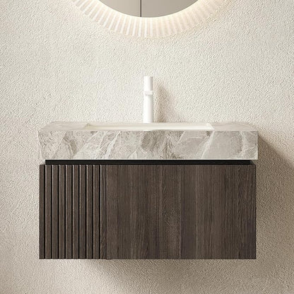 30” Floating Bathroom Vanity with Sink, Wall-Mounted Cabinet with Drawer & Doors, Gray Travertine-Pattern Sintered Stone Top, Undermount Basin, Single Faucet Hole, Soft-Close, Pre-Assembled, Dark Oak