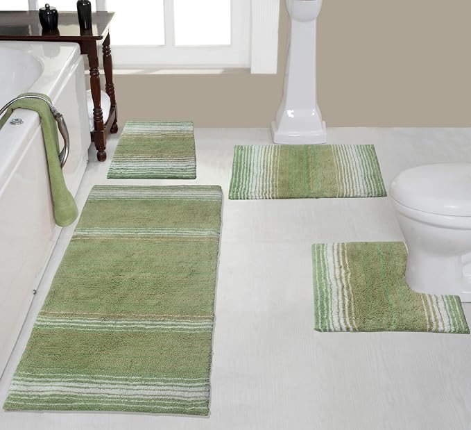 Home Weavers 100% Cotton Gradiation Collection Bathroom Décor | Washable Rug | Bathroom Mat | Kitchen Mat | Bathroom Rug Set | Bath Mat Set | Bath Floor Mat Non Slip, 4 Piece Set with Runner, Sage