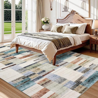 Washable Rug 9x12 Area Rug for Bedroom Geometric Modern Living Room Rug Farmhouse Non Slip Large Area Rug Soft Throw Rugs Stain Resistant Carpet for Dining Room Nursery Multi 9'x12'