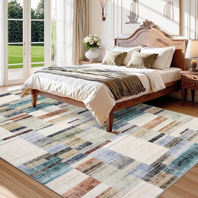 Large Living Room Rugs 8x10 Area Rugs Machine Washable Modern Geometric Neutral Rug Non Slip Low Pile Farmhouse Stain Resistant Carpet for Bedroom Nursery Classroom Dorm 8'x10' Multi