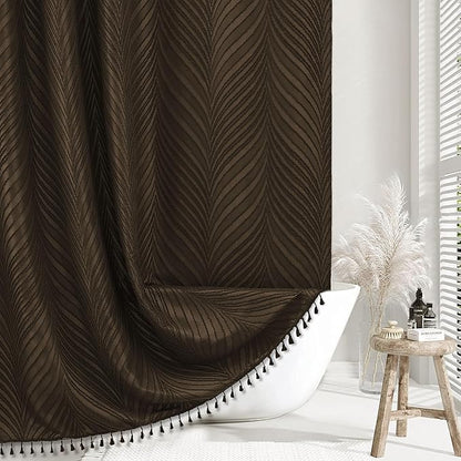 Brown Boho Shower Curtain Woven Fabric Shower Curtain, 72 x 72 Tufted Leaves Textured Striped Modern Farmhouse Minimalist Cloth for Bathroom