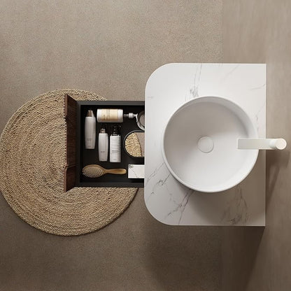 24'' Floating Vanity with Sink Combo, Modern Wall-Mounted Curved Edges Striped Bathroom Storage Cabinet with Soft-Close Drawer and White Artificial Marble Basin, Dark Walnut