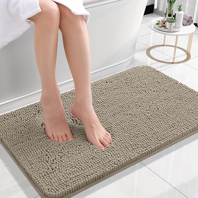 OLANLY Small Bathroom Rugs 24x16, Extra Soft Absorbent Chenille Bath Rugs, Rubber Backing Quick Dry, Machine Washable Bath Mats for Bathroom Floor, Tub and Shower, Home Decor Accessories, Warm Taupe | Warm Taupe, Quick-Drying Rubber Backing, Machine Wa...