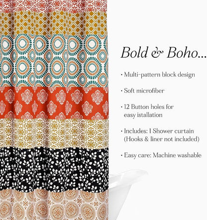 Lush Decor Bohemian Stripe Shower Curtain 72" W x 78" L Turquoise & Orange - Bathroom Curtain - Extra Long Shower Curtain - Boho Decor - Fabric Shower Curtains