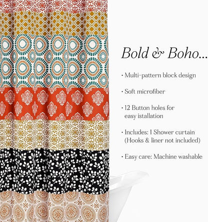 Lush Decor Bohemian Stripe Shower Curtain 72" W x 78" L Turquoise & Orange - Bathroom Curtain - Extra Long Shower Curtain - Boho Decor - Fabric Shower Curtains