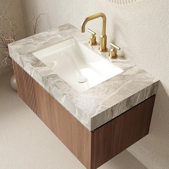 36" Floating Bathroom Vanity with Sink, Modern Plywood Storage Cabinet with Drawer and Door, Light Gray Sintered Stone Countertop and 3 Pre-drilled Faucet Holes Ceramic Basin, Pre-Assembled, Dark Oak