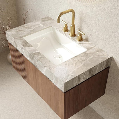 36" Floating Bathroom Vanity with Sink, Modern Plywood Storage Cabinet with Drawer and Door, Light Gray Sintered Stone Countertop and 3 Pre-drilled Faucet Holes Ceramic Basin, Pre-Assembled, Dark Oak
