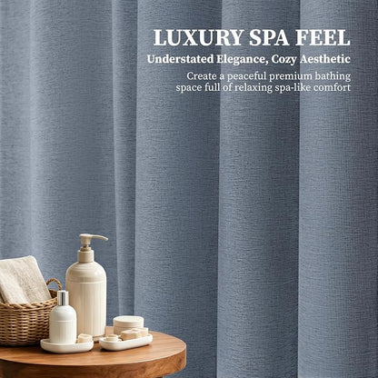 Long Linen Textured Waterproof Shower Curtain Set, 72x84, Blue Gray | Tall Size, 230GSM Polyester, Heavy Duty Cloth, Weighted Hem, 12 Plastic Hooks, Modern Luxury Hotel Style, Machine Washable