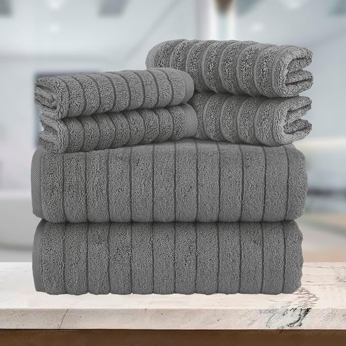 Elegant Comfort 100% Turkish Cotton Corduroy Ribbed Luxury Bath Towels 6-Piece Set, Premium Feel - Quick Dry, Highly Absorbent, Contains 2 Bath Towels, 2 Hand Towels, and 2 Washcloths, Gray
