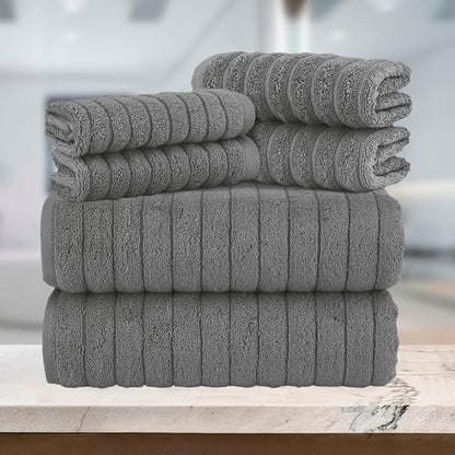 Elegant Comfort 100% Turkish Cotton Corduroy Ribbed Luxury Bath Towels 6-Piece Set, Premium Feel - Quick Dry, Highly Absorbent, Contains 2 Bath Towels, 2 Hand Towels, and 2 Washcloths, Gray