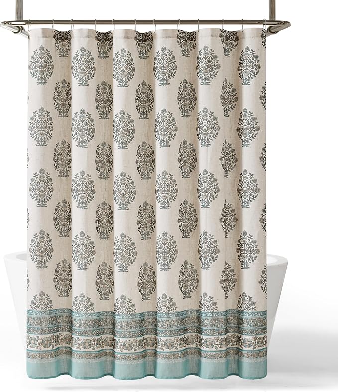 Lush Decor Sofia Flower Block Bouquet Shower Curtain Single 72" W X 72" L Teal - Bath Curtain - Block Print - Floral Shower Curtain - Vintage Boho Decor