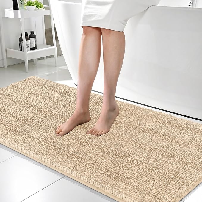 OLANLY Thick Bathroom Runner Rugs 59x24, Chenille Long Bath Rugs, Beige | Soft Absorbent Striped, Rubber Backing, Machine Wash, Bath Mats for Bathroom Floor, Tub and Shower, Home Decor Accessories