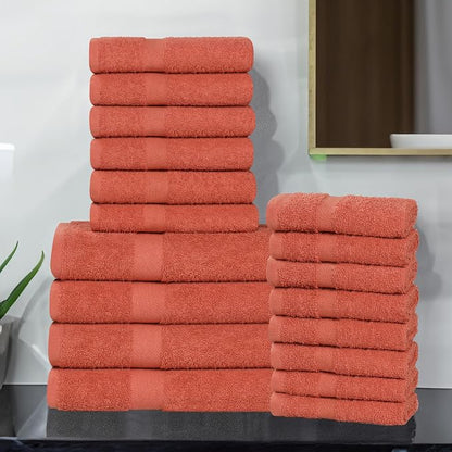 SUPERIOR 18-Piece Cotton Assorted Towel Set, Includes 8 Face Towel, 6 Hand, and 4 Bath Towels, Home, Bathroom, Guest Bath Essentials, Quick Dry, Absorbent, Franklin Collection - Coral