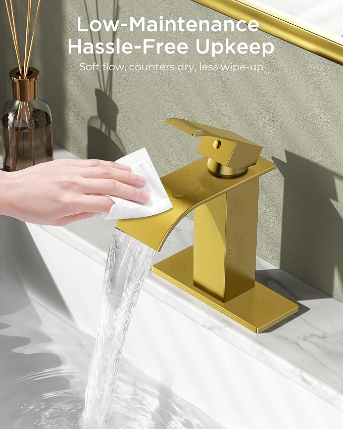 FORIOUS Bathroom Faucet 1 Hole, Waterfall Vanity Sink Faucet Brushed Gold | Bathroom Sink Faucet 1 or 3 Hole, Square Single Handle with 24" cUPC Supply Line and Pop-up Drain, Fits RV Restroom Basin