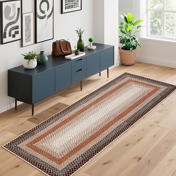 Imitation Braided Collection-Print Washable Runner Rug 2x8 Non Slip Bathroom Rug Bordered Soft Farmhouse Throw Rugs Kitchen Runner Stain Resistant Carpet for Hallway Entryway Rugs