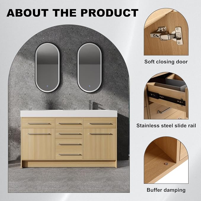 60" Freestanding Bathroom Vanity with Sink | 2 Soft Closing Doors & 6 Drawers Freestanding Vanity with Double Resin Sink, Original Oak Plywood (KD-PACKING)