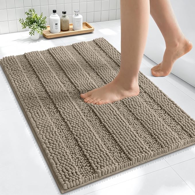 Smiry Thick Small Chenille Bathroom Rugs 24x16, Soft Bath Mat, Warm Taupe | Quick‑Dry & Machine Washable, Non‑Slip Bath Carpet, Striped Bath Rugs for Tub & Shower, Modern Home Decor Accessories