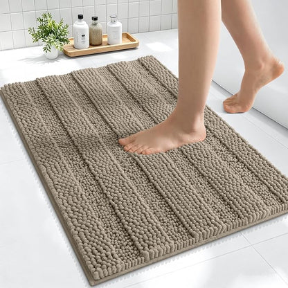 Smiry Thick Small Chenille Bathroom Rugs 24x16, Soft Bath Mat, Warm Taupe | Quick‑Dry & Machine Washable, Non‑Slip Bath Carpet, Striped Bath Rugs for Tub & Shower, Modern Home Decor Accessories
